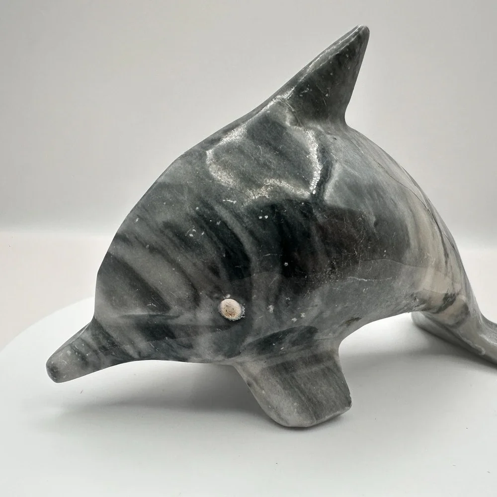 Vintage 90s Dolphin Figurine Gray Marbled Soapstone Ocean Home Decor Accessories